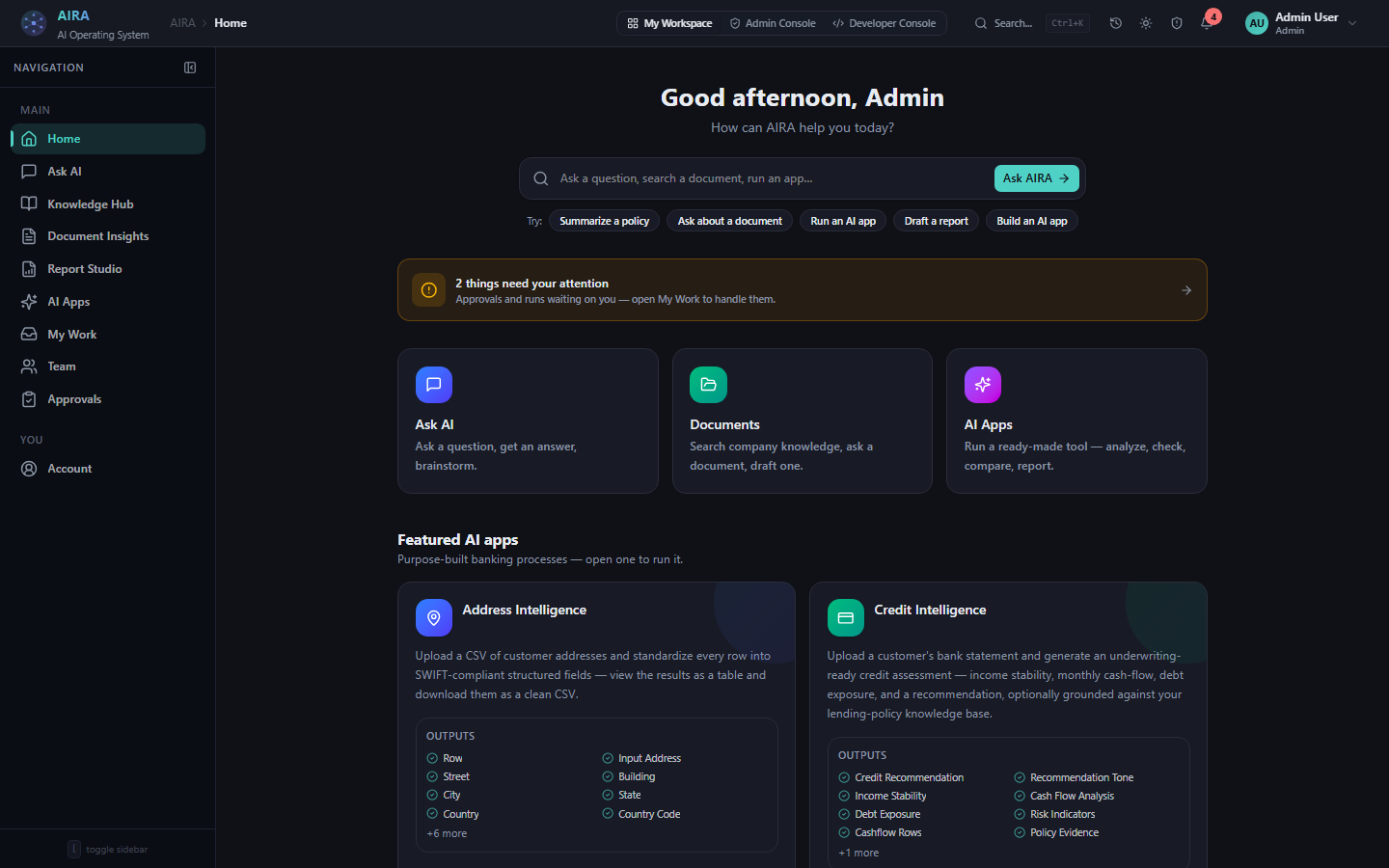 AiraFusion console — the enterprise AI command center