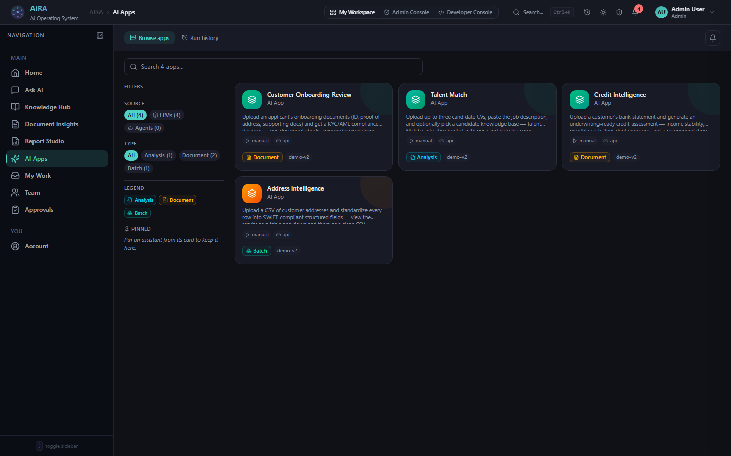 AI Apps catalog in AiraFusion — governed, runnable use-cases
