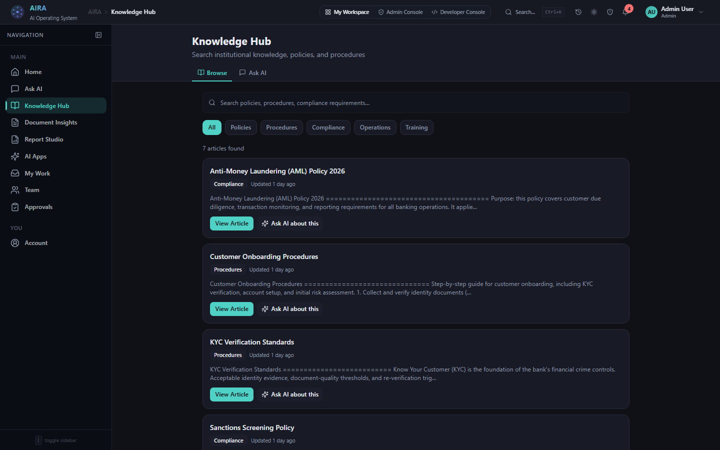 Knowledge Hub in AiraFusion — grounded retrieval over enterprise knowledge