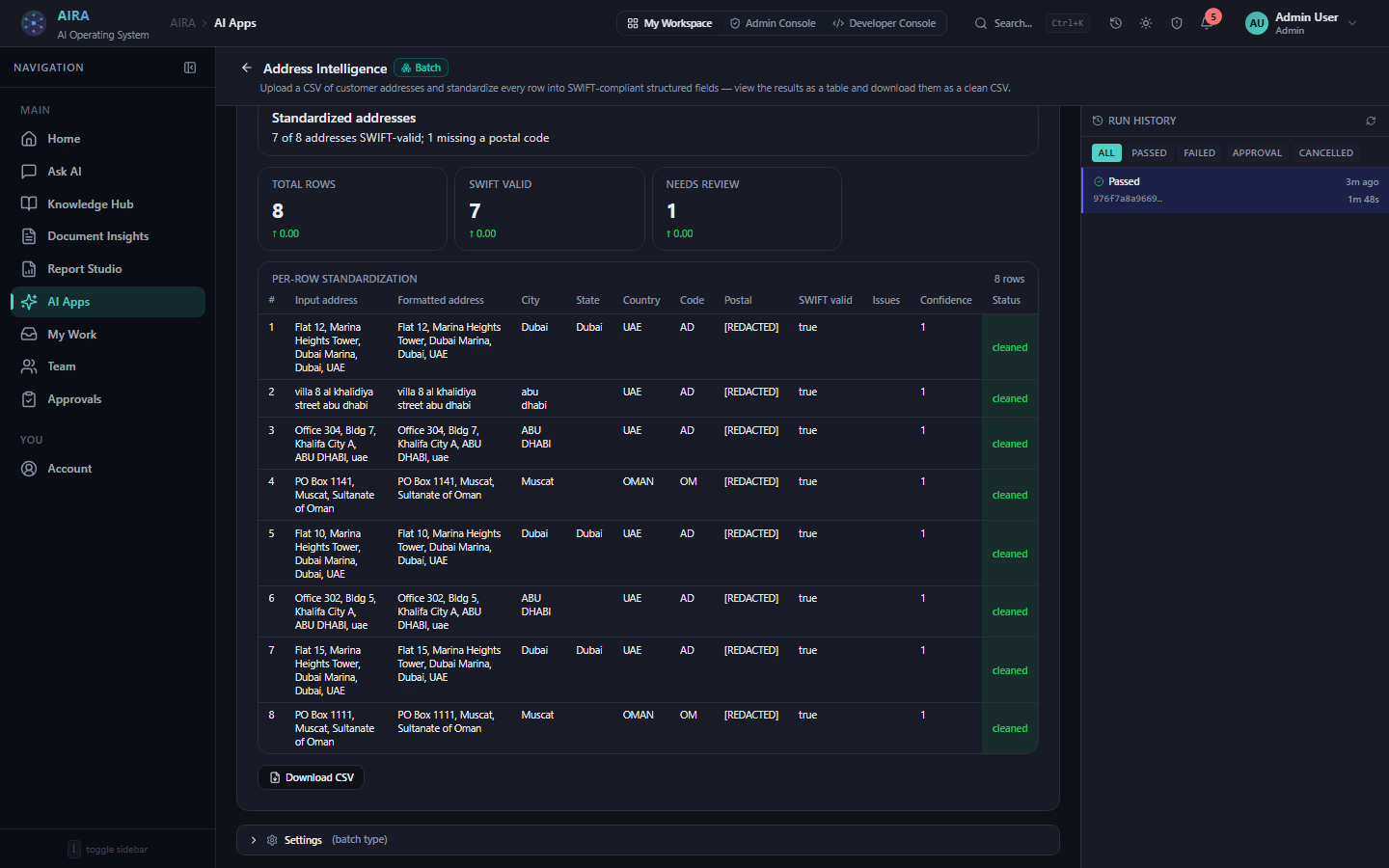 An AI App run with retained results and evidence