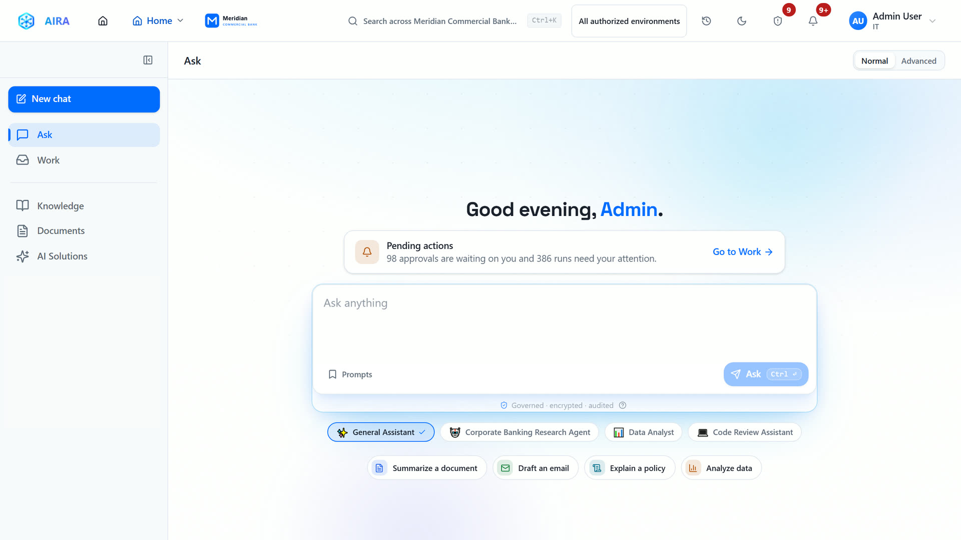 AIRA Home: the Ask screen with pending actions and approved assistants